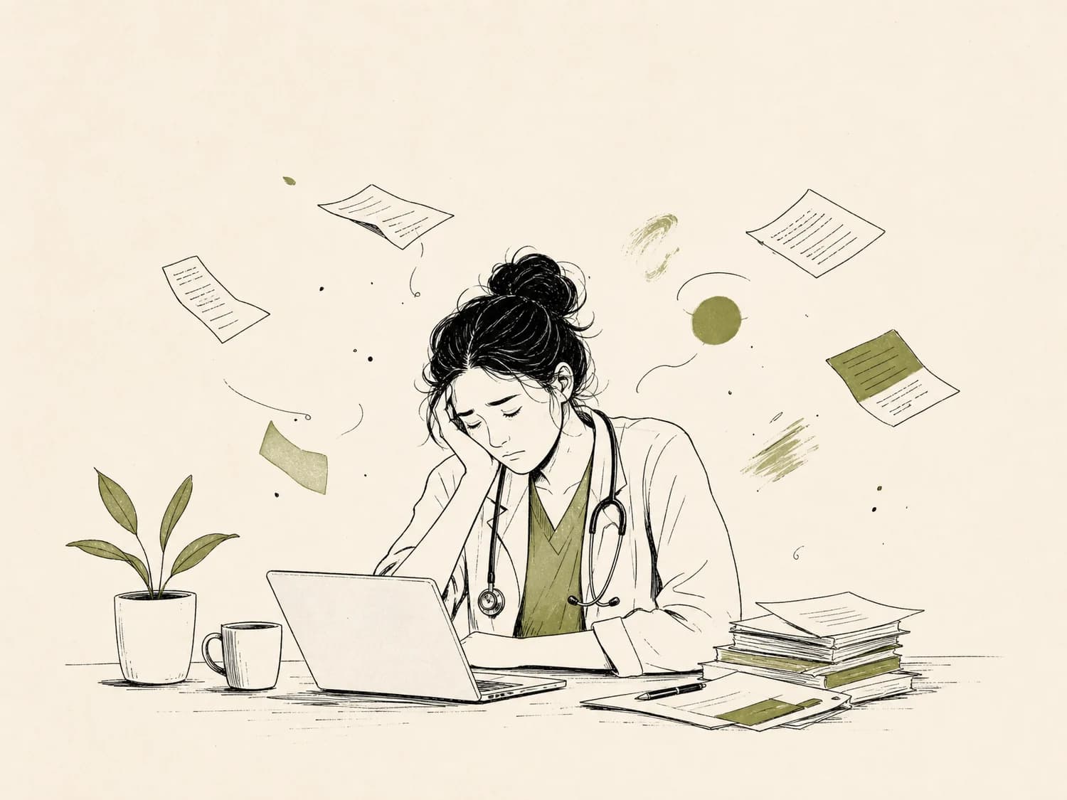 Profesional de salud organizando notas y herramientas al final del turno.