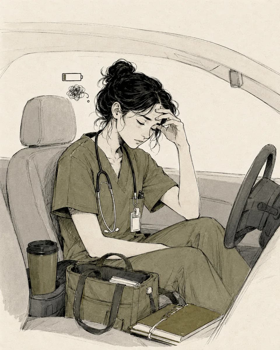 Profesional de salud haciendo una pausa dentro del auto al terminar su turno.